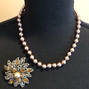 Rose Gold Pearl Beads and Brooch Set